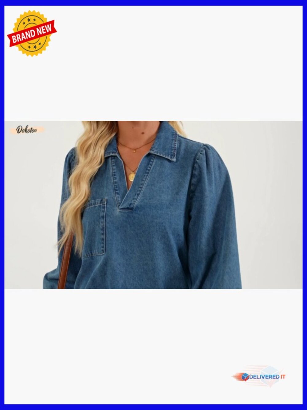 V Neck 3/4 Puff Sleeve Babydoll Denim Dress - Picture 7 of 7